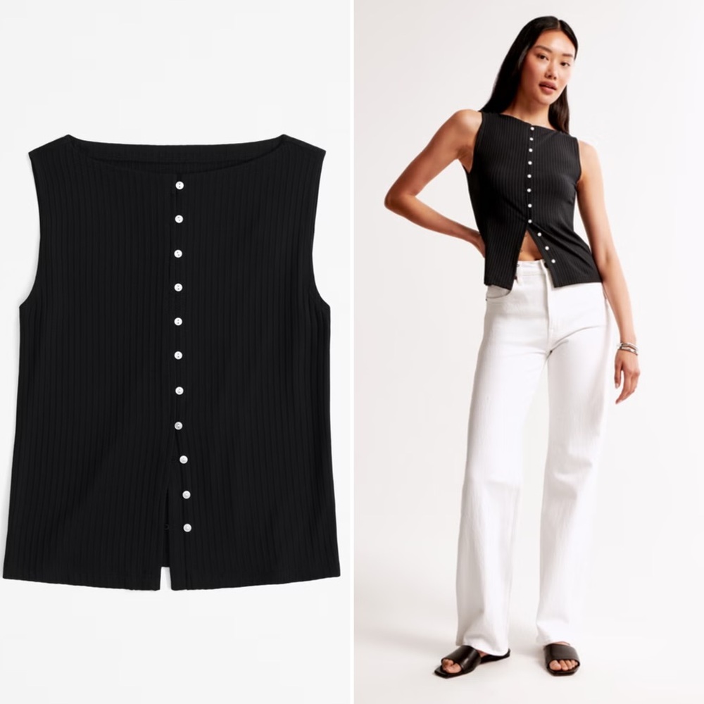 Abercrombie & Fitch Black Ribbed Snap-Front Tank Top